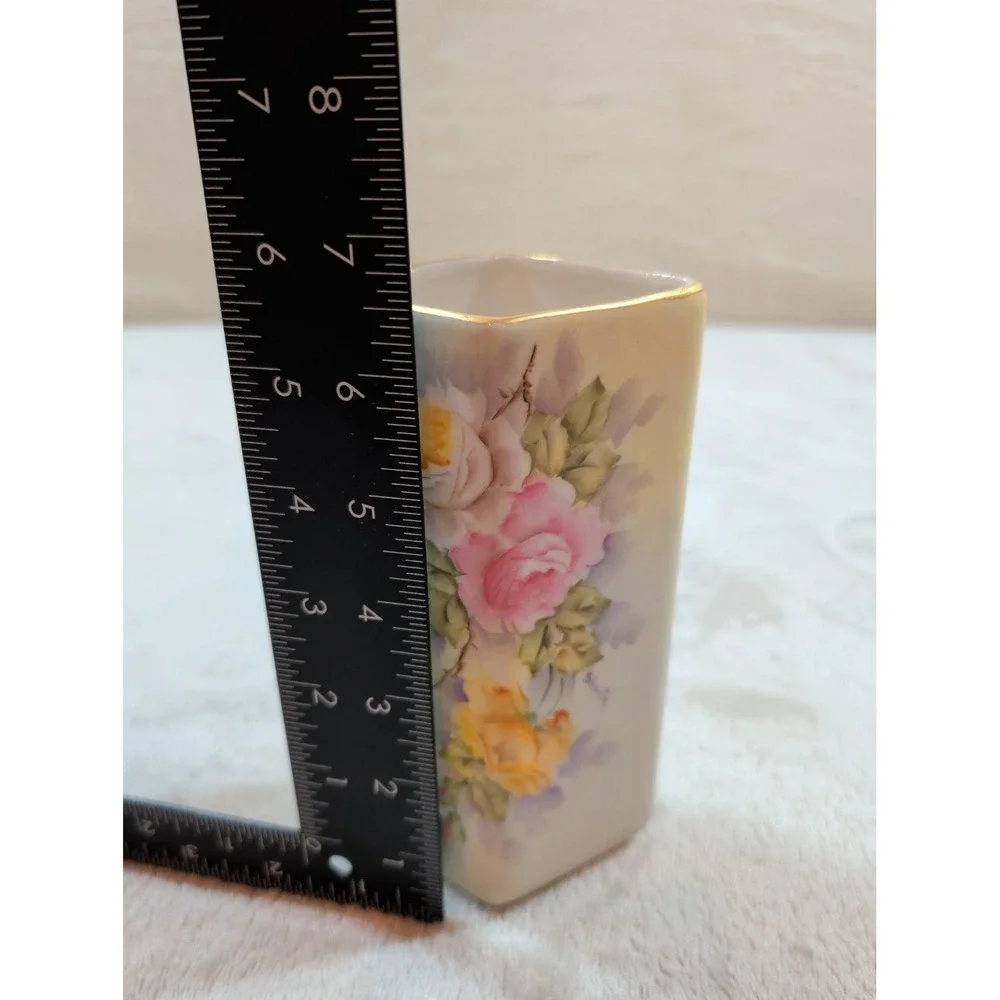 Vintage Weisley China Hand Painted Floral Bud Vase Gold Rim Signed Shantz 4.5